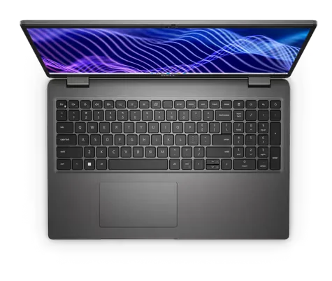 Modern Dell Latitude 3540 15" laptop with sleek gray exterior and vibrant, wavy blue and purple display.